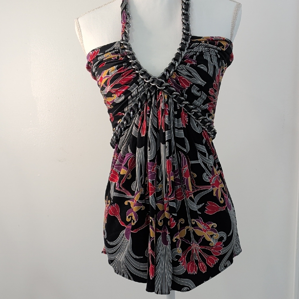 Sky Black and Red Floral Halter Top